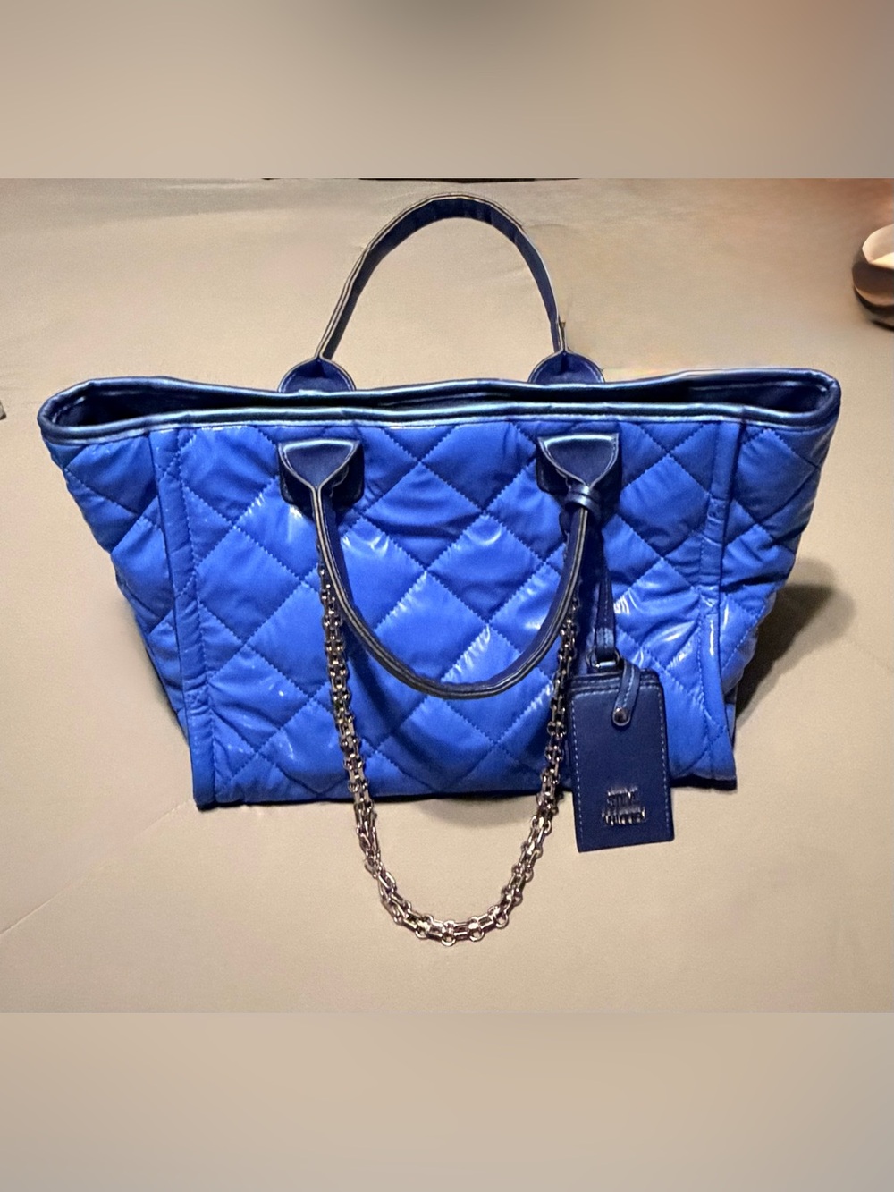 Steve Madden Quilted Royal Blue Tote with Chain Handles